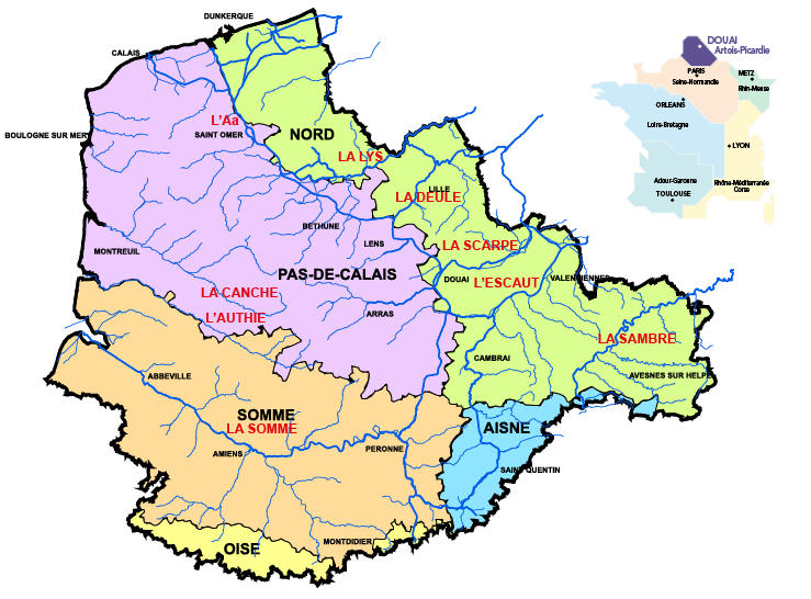 Principaux cours d'eau du bassin Artois-Picardie